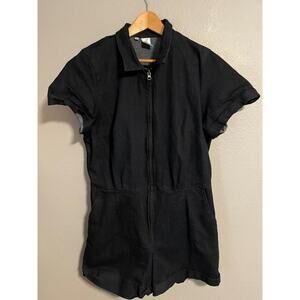 Vintage Billie Jo Retro Romper Womens 2XL Navy Denim Zip Front Short Sleeve